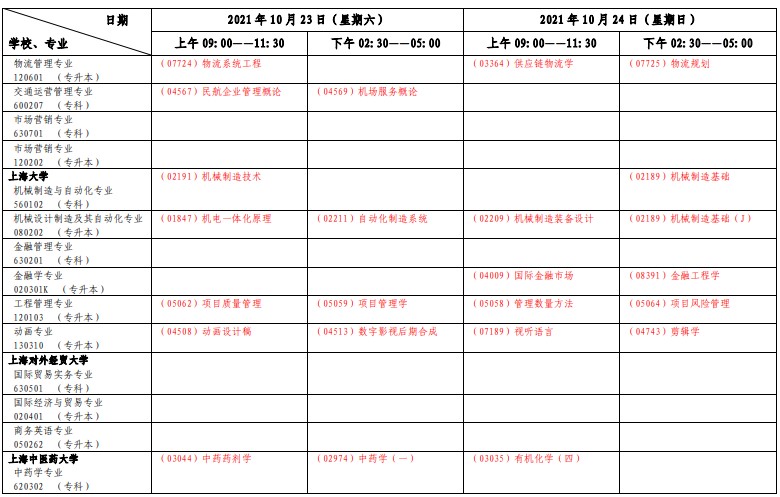 2021年上海10月自考考試日程表公布！